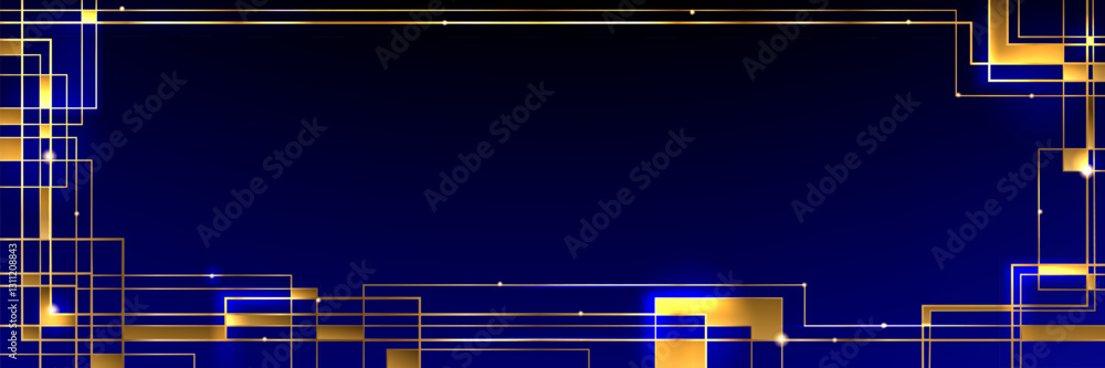 Poster minimalist tech pattern on blue backdrop with golden rectangular grids. illuminated circuit like des