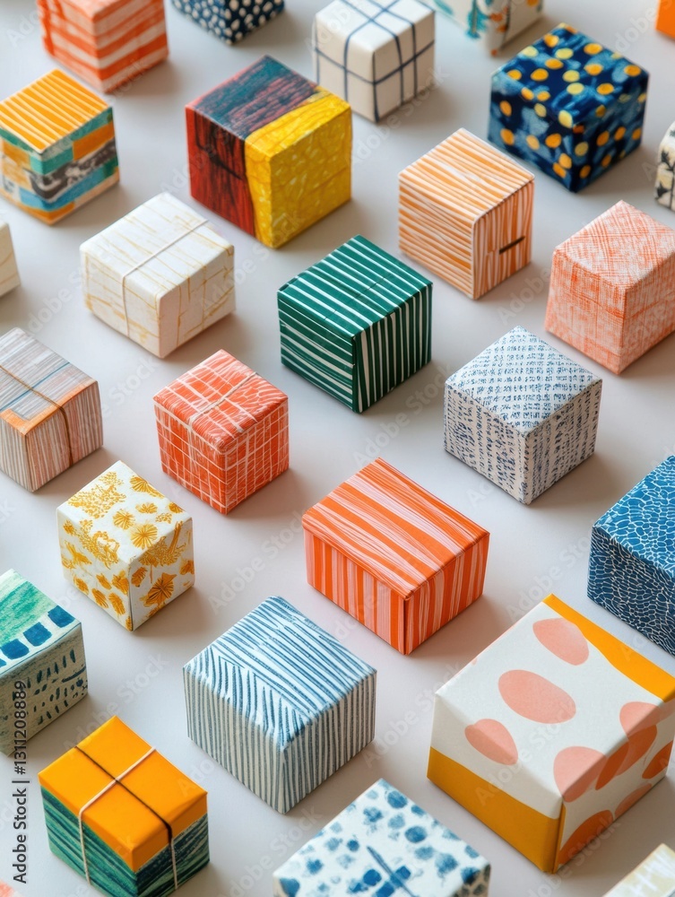 Poster colorful gift boxes displayed creatively in various sizes and patterns for festive occasions