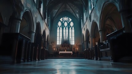 Serene interior of an ancient church featuring tall stained-glass windows and wooden pews