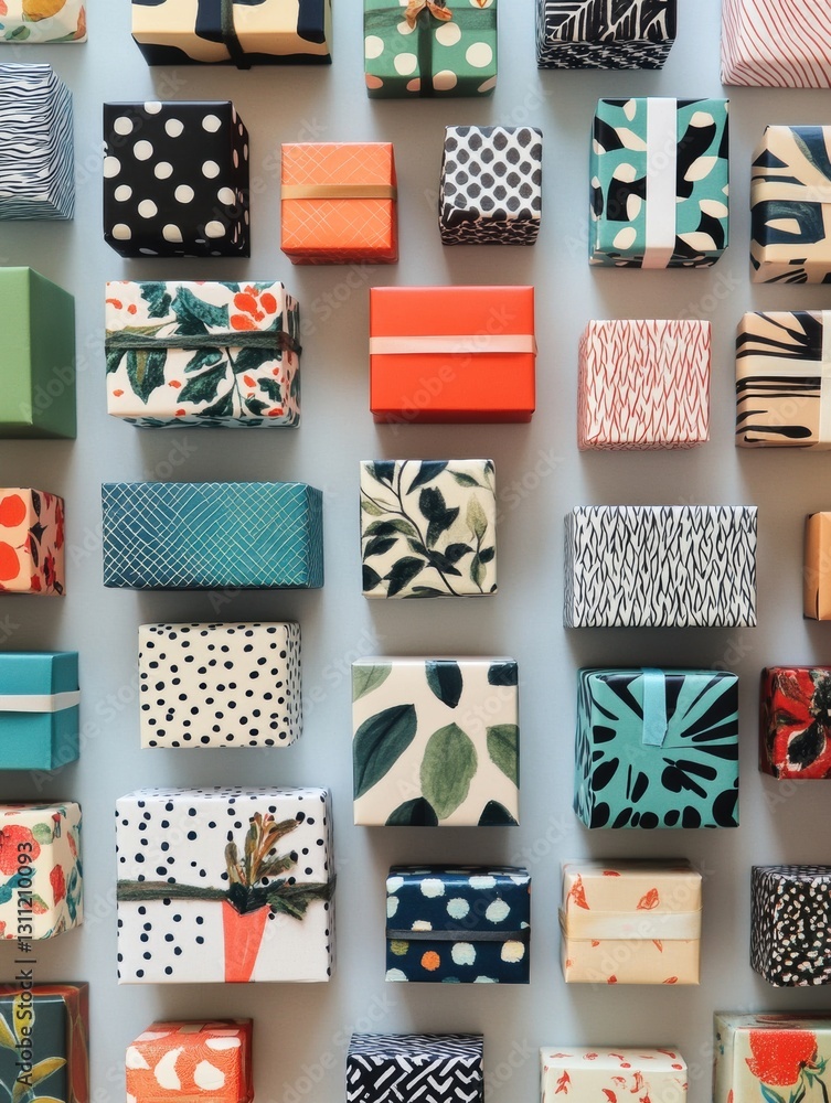 Aufkleber colorful gift boxes of various sizes arranged in a creative layout with diverse designs and patterns