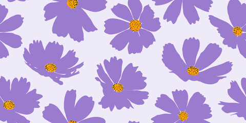 Hand drawn purple cosmos cosmea flower seamless pattern. Exotic floral pattern design for fabric, textiles, clothing, wrapping, cover, decor, backgrounds. © Rifatho
