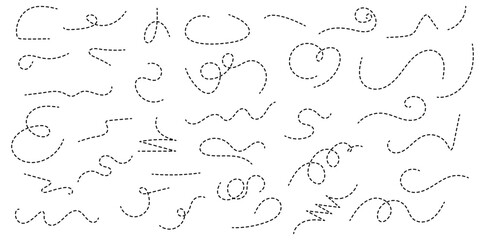 hand-drawn dotted line element set. curved and twisted dashed paths