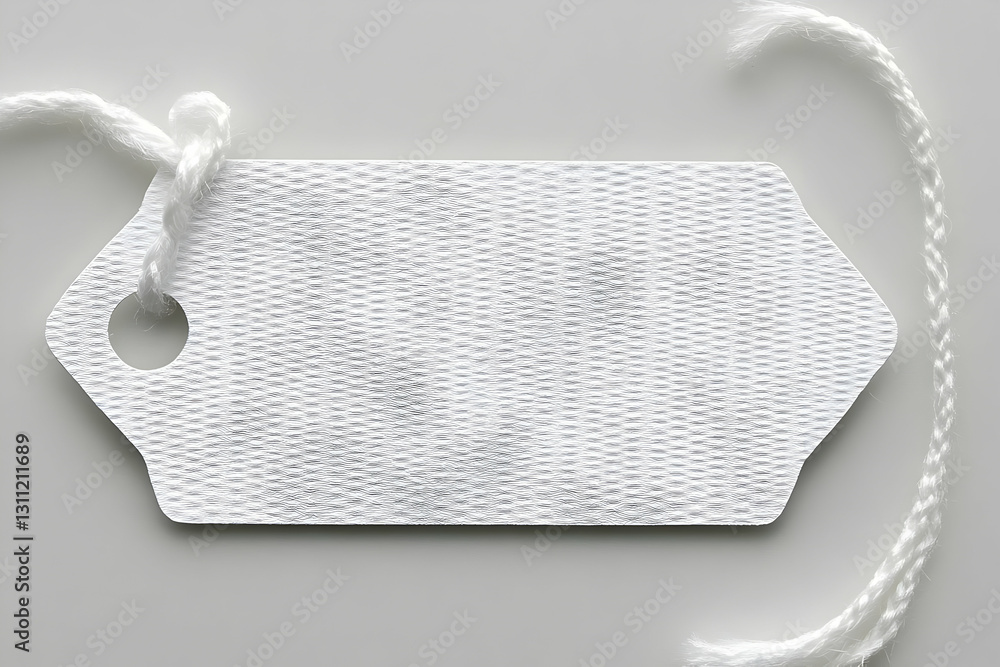 Poster realistic photo of a white gift tag with string and looping cord for