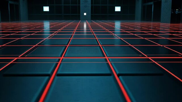 Futuristic interior with glowing red grid pattern on the floor, showcasing a high-tech environment and minimalistic design
