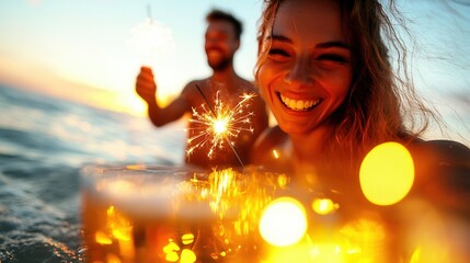 Couple celebrating with drinks and sparklers at sunset.