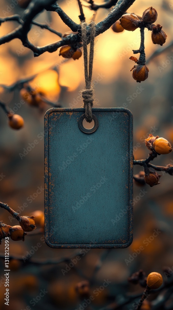 Poster a blue tag hangs from a tree branch in a natural setting