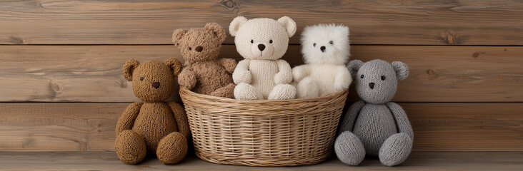 Soft teddy bears in woven basket, showcasing various colors and textures