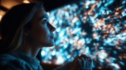 Person gazing at a vibrant illuminated screen.