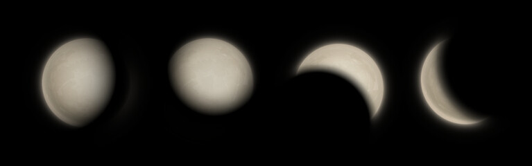 Realistic moon phases on black background. Lunar cycle from gibbous to crescent shape. Celestial body with soft glow edges and detailed surface texture. Astronomical element for night sky illustration