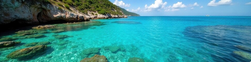 Fototapeta premium Secluded cove, crystal clear water, vibrant coral reef visible below , sun, waves