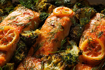 Close-up view of baked salmon fillets with broccoli and lemon, focus on the center