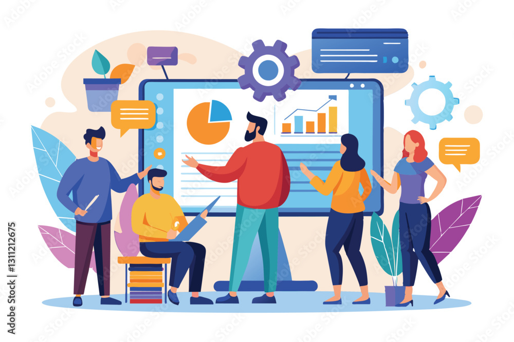 Poster a group of individuals engages in discussion while analyzing data on a large screen in an office, pe