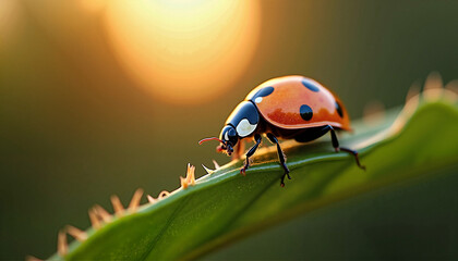 Fototapeta premium Artistic Macro Shot of a Ladybug Crawling Along a Leaf’s Curve, Intricate Wing Details Visible, Softly Lit by Golden Hour Sunlight for a Warm and Inviting Mood