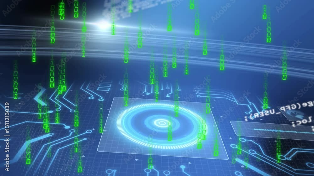 Poster animation of green binary code falling over digital interface with blue graphics