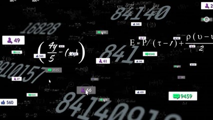 Animation of mathematical equations and social media notifications on black background - Powered by Adobe