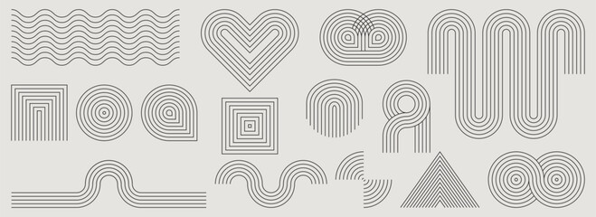 Minimalist geometric patterns - concentric circles, squares, heart, waves, arches. Line art elements for graphic design, branding, decor. Mid century aesthetic curved shapes. Modern monochrome motifs.