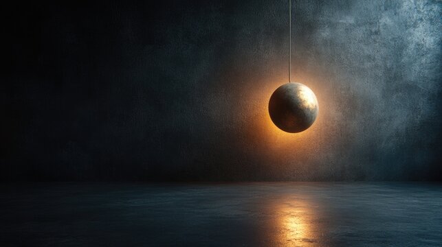 A spherical object suspended from a string in a dimly lit space