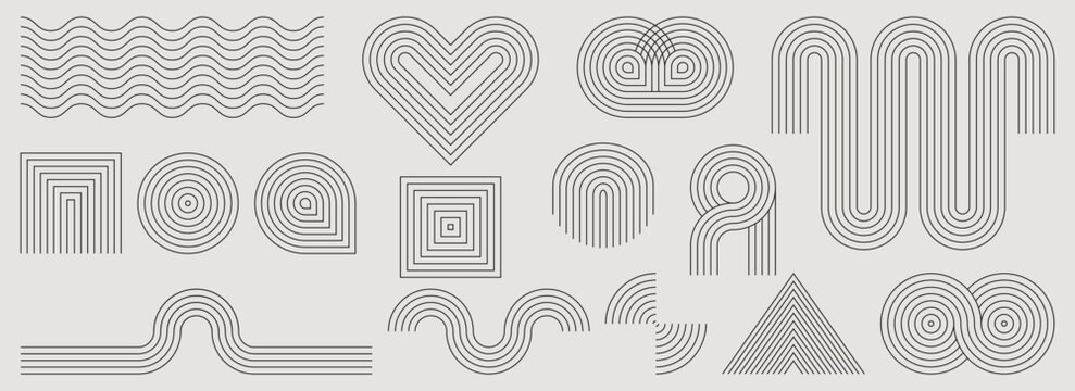 Minimalist geometric patterns - concentric circles, squares, heart, waves, arches. Line art elements for graphic design, branding, decor. Mid century aesthetic curved shapes. Modern monochrome motifs.