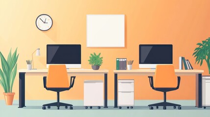 Fototapeta premium Modern office workspace with two desks, blank canvas, and plants. Ideal for presentation, graphic design, or interior design concept