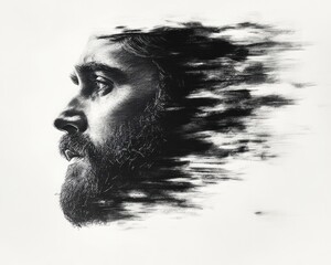 A black and white portrait of a man with a long beard