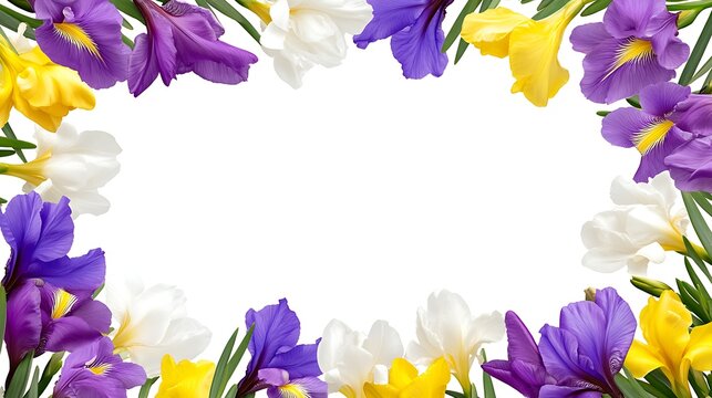 Floral Frame Colorful irises, freesia border white blank space. Stationery use