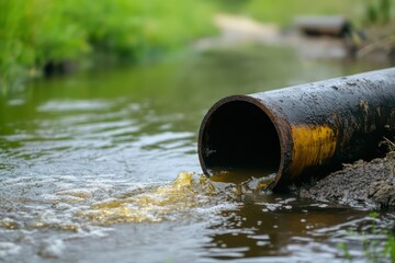 A high-resolution photo of murky wastewater spilling out of a corroded sewage pipe into a natural body of water.