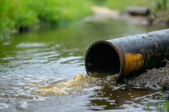 A high-resolution photo of murky wastewater spilling out of a corroded sewage pipe into a natural body of water.