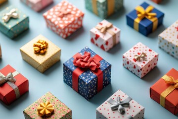 Colorful array of diverse gift boxes arranged creatively for celebration or special occasion