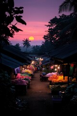 Naklejka premium Sunrise Over Vibrant Market Stalls at Dusk