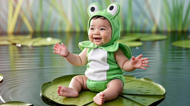 Chubby baby in frog costume on lilypad with water backdrop.