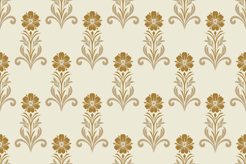 Elegant seamless damask pattern with floral and ornamental motifs in gold tones, perfect for wallpapers, textiles, vintage decor, luxury backgrounds, classic interiors, and artistic designs.