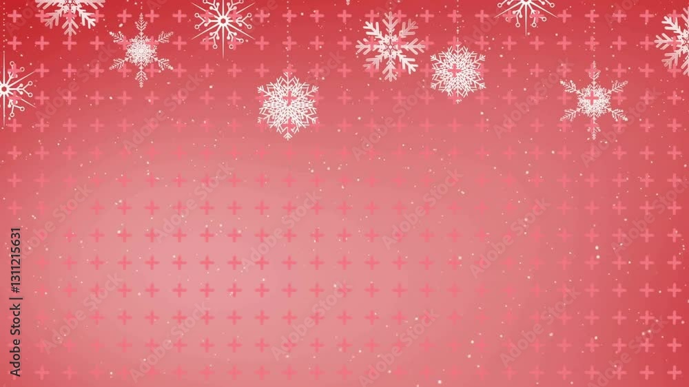 Poster animation of snowflakes falling on red background with subtle cross patterns