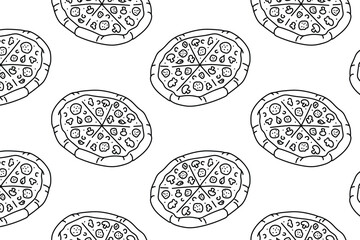 Food seamless pattern round pizza doodle. Hand drawn pizza doodle