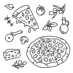 Hand drawn pizza doodle, slice of pizza and italian pizza ingredients