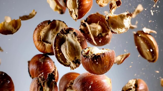 whole hazelnuts exploding in slow motion with dynamic camera movement and rotation