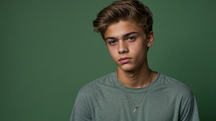 Fototapeta premium Pensive young man looking at the camera with neutral expression against a solid dark green background.