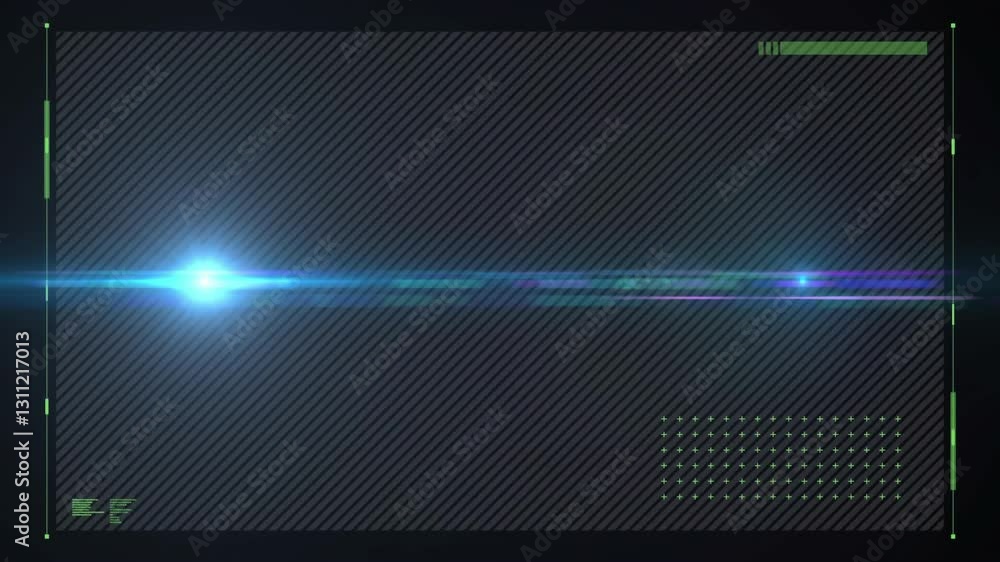 Poster animation of glowing blue light with digital interface on dark striped background
