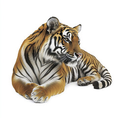 Obraz premium Tiger resting on white background, showcasing its majestic stripes