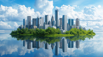 Obraz premium Futuristic metropolis island with skyscrapers surrounded by water and clouds with reflections in the water