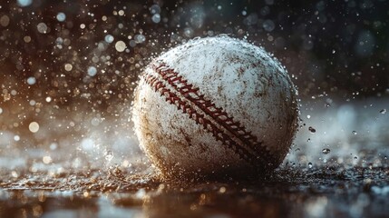 A detailed view of a baseball caught in the rain, great for sports or weather-themed projects
