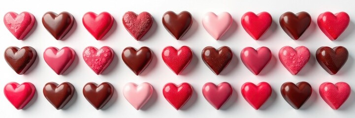 Rows of heart-shaped chocolates, various flavors, white background , love, pattern, white