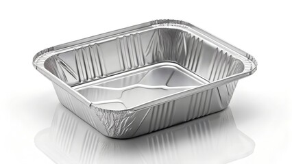 A studio shot of a clean, empty rectangular aluminum foil container or tray, isolated on a white background.