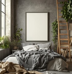 Rustic bedroom with blank art print