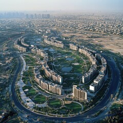 Obraz premium Aerial shot of a city redevelopment project featuring green roofs and solar panels