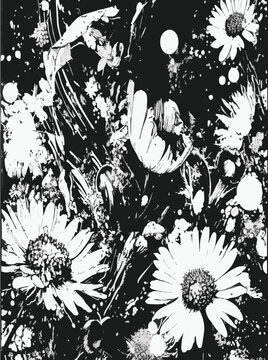 black and white flowers retro texture background paint splatter daisy smash grunge art, print