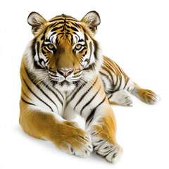 Obraz premium Tiger resting on white background, showcasing its majestic stripes