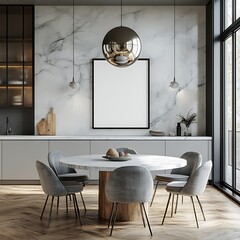A mockup of an A3 blank poster frame on the wall in a contemporary kitchen with a round dining table and grey chairs, light wood floor, neutral color scheme, marble countertop, white walls, 