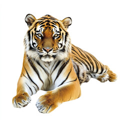 Obraz premium Tiger lying on white background, showcasing its majestic stripes