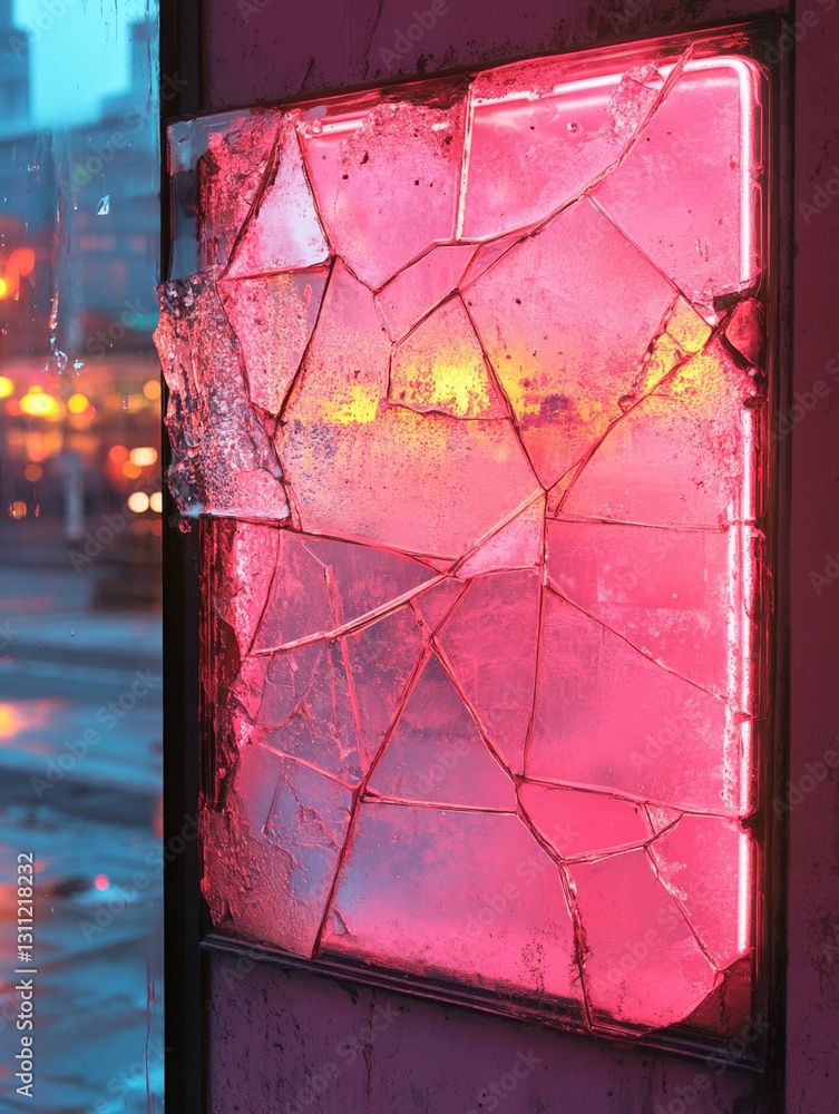 Poster a broken window with a red light shining through, suitable for use in crime scene or emergency respo