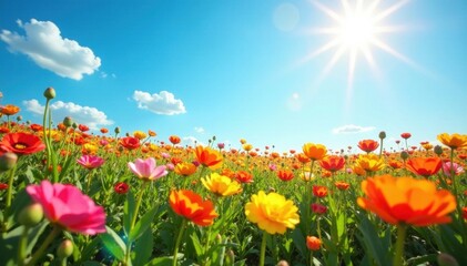 Sun-drenched floral field, azure sky overhead , idyllic, blossom, scene